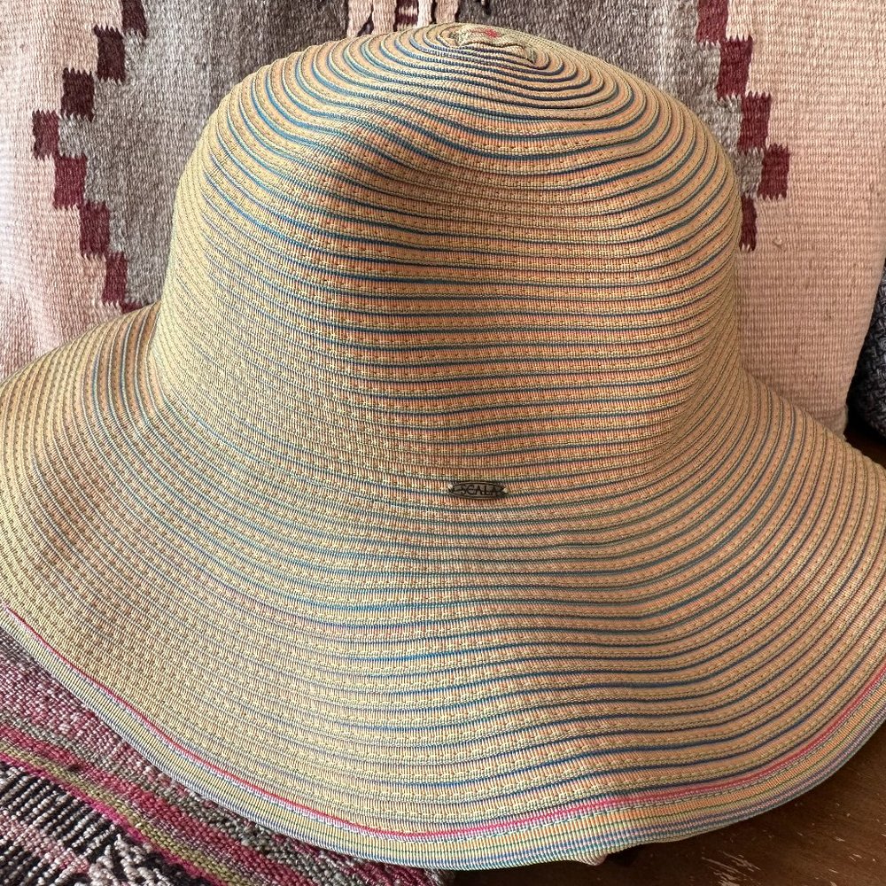 Scala Women's Wide Brim Sun Hat Blue Stripes Wired Brim One Size Bendable